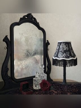 Black White Fringe Floral Lampshade Statement Shade Handmade Upcycled Victorian